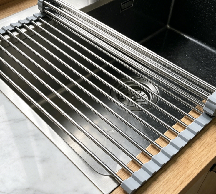 Roll-Up Stainless Steel Dish Rack – Portable Over-the-Sink Drying Mat (Gray)