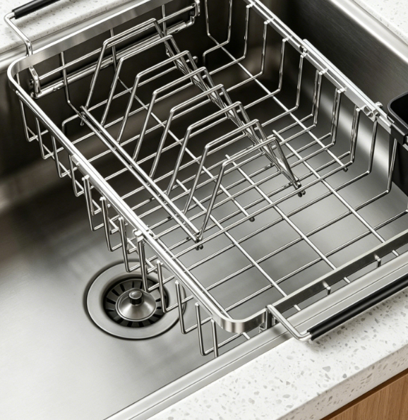 Rustproof Expandable In-Sink Dish Rack – Stainless Steel Material (Integrated Utensil Storage)